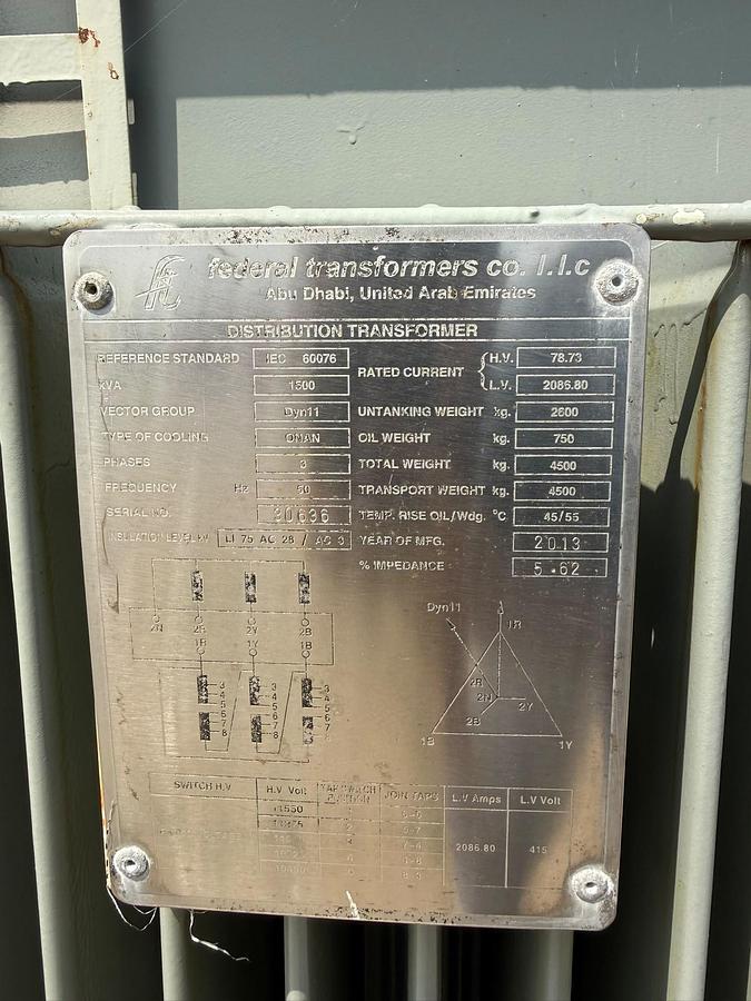 Used 2013 YOM 1500 kVA 11kV / 415V Oil Immersed Distribution Transformer ONAN Cooling 2013