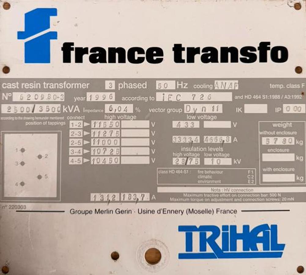 Used 1996 France Transfo TRIHAL 2.5 to 3.5 MVA Cast Resin Transformer 11 to 15 kV / 433 V