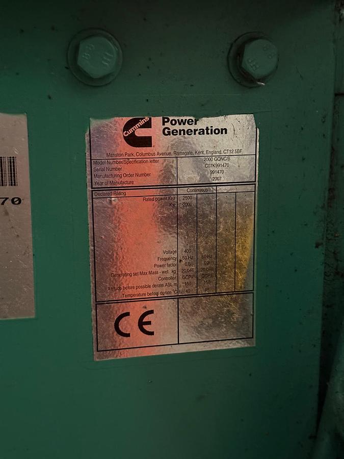 Used 2007 Cummins QSV91-G2 Gas Generator – 2MW