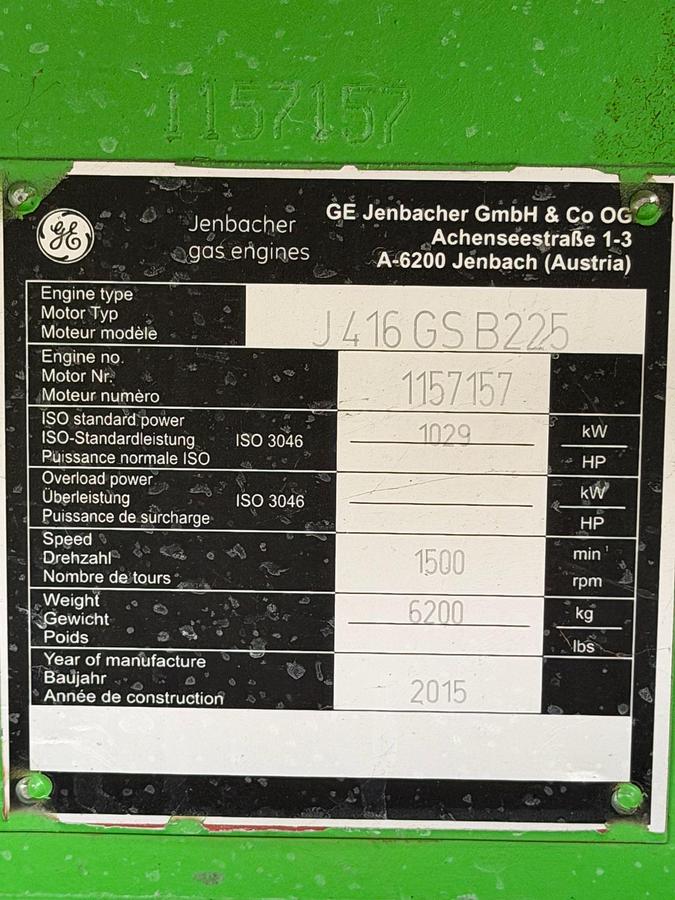 Used 2015 GE Jenbacher J416 GSB225 Natural Gas Cogeneration Engine – 1,029 kW