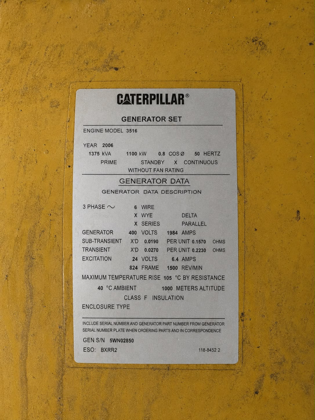 Used 2006 Caterpillar 1100 kW Gas Generating Set 3516B