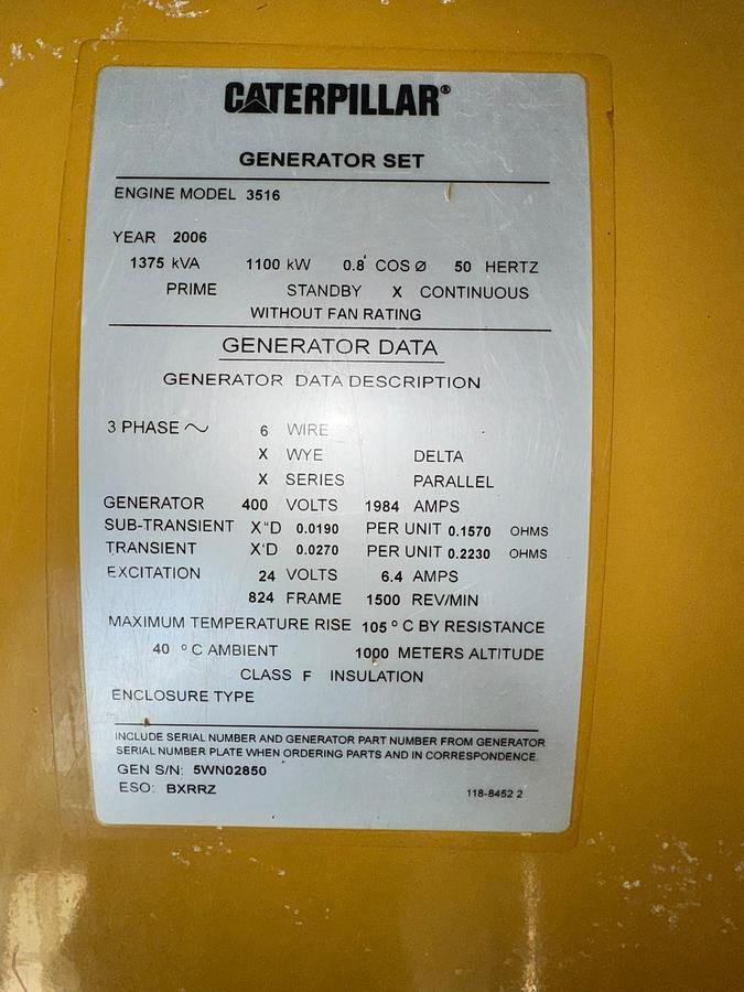 Used 2006 Caterpillar 1100 kW Gas Generating Set 3516B