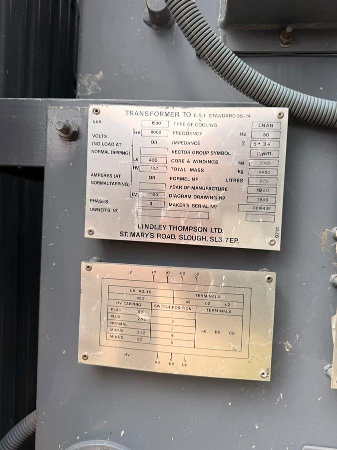 1990 LINDLEY THOMPSON LTD LNAN 1500 KVA STEP UP OIL TRANSFORMER 400 V TO 11000 V, THREE PHASE