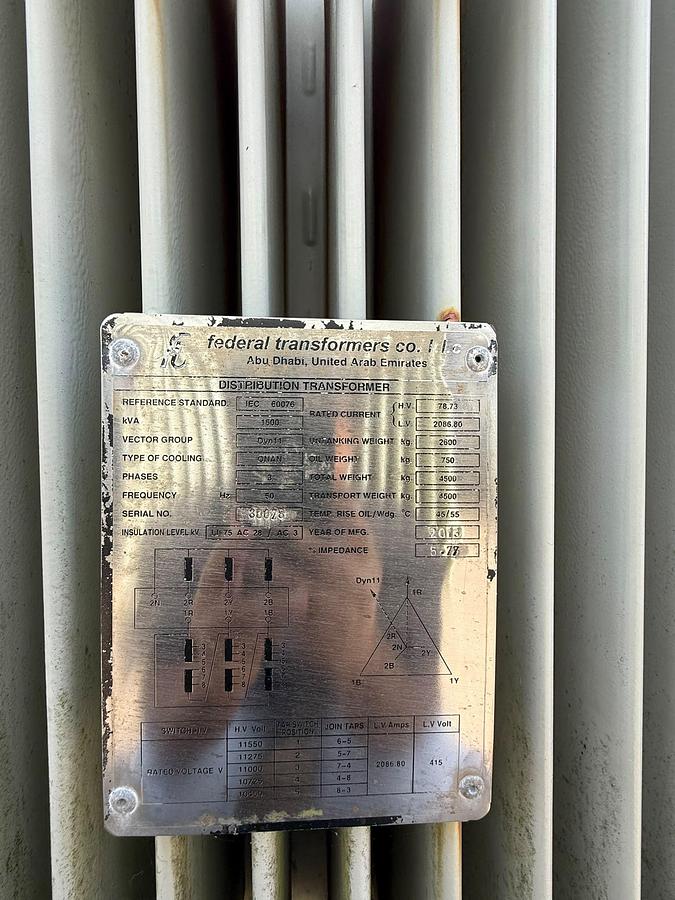 Used 2013 YOM 1500 kVA 11kV / 415V Oil Immersed Distribution Transformer ONAN Cooling 2013