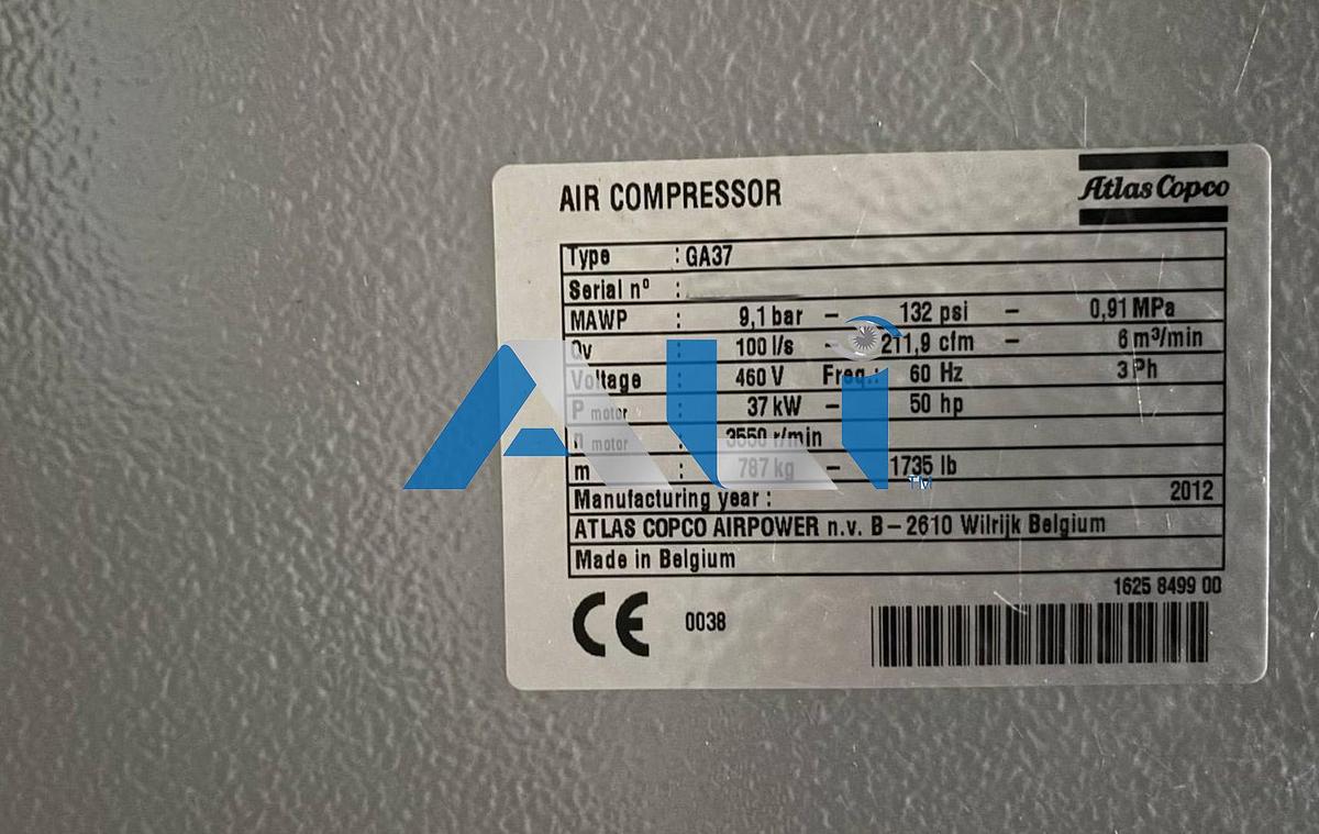 Used 2012 Atlas Copco GA37 50 HP Rotary Screw Compressor