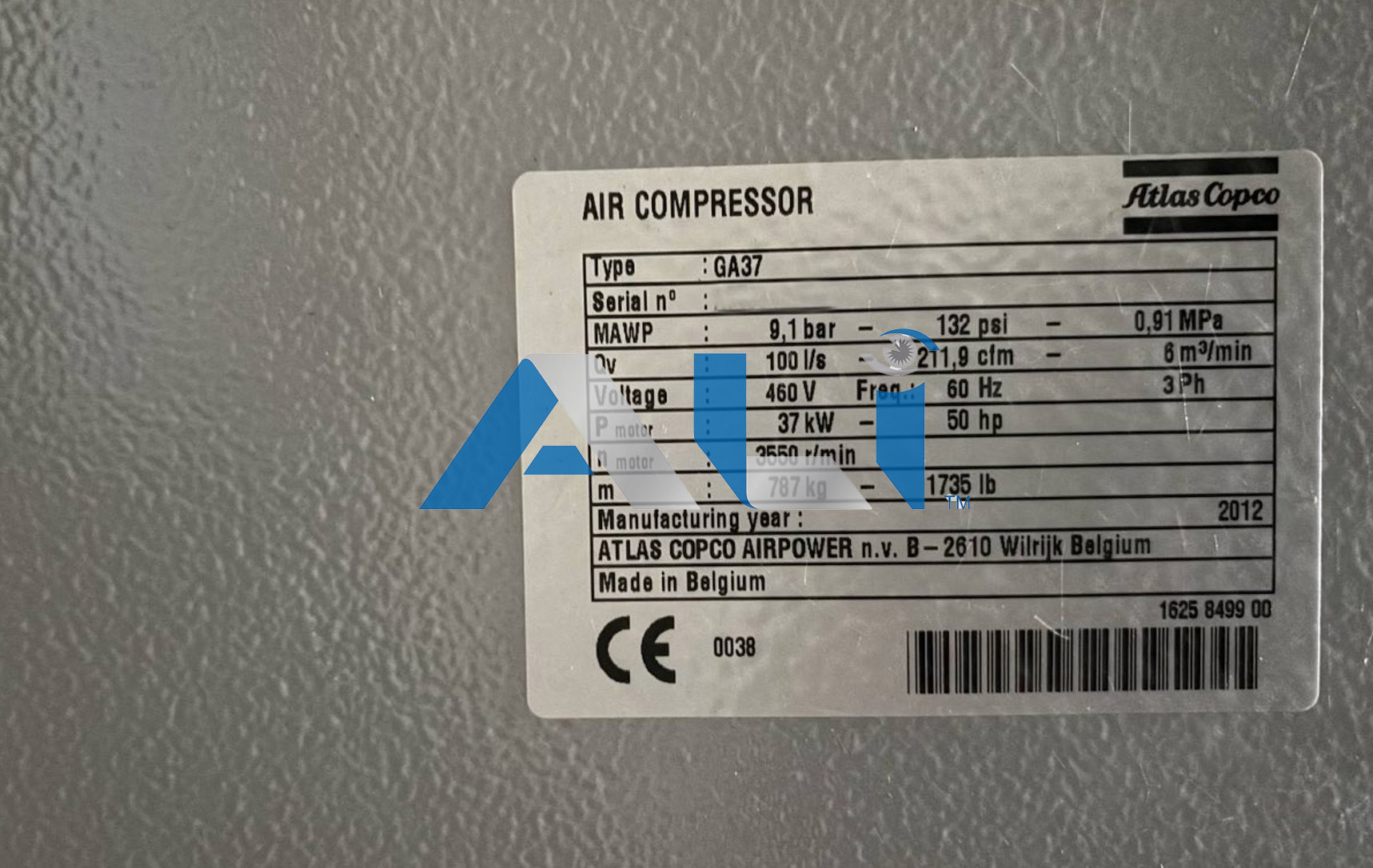 Used 2012 Atlas Copco GA37 50 HP Rotary Screw Compressor 