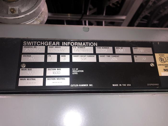 Used CUTLER HAMMER DS II METAL ENCLOSED LV SWITCHGEAR