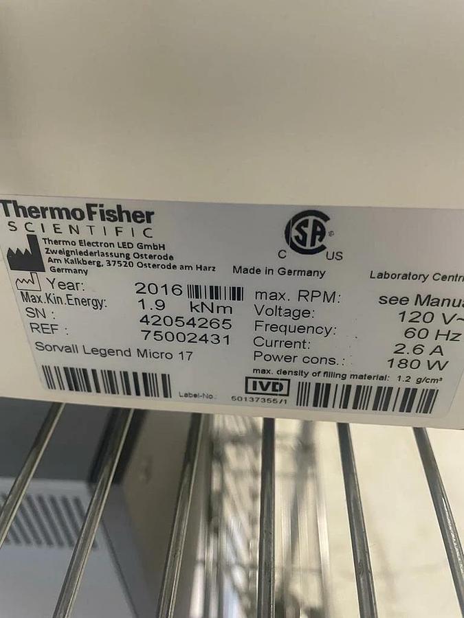 Used 2016 Thermo Scientific Sorvall Legend Micro 17 , Centrifuge