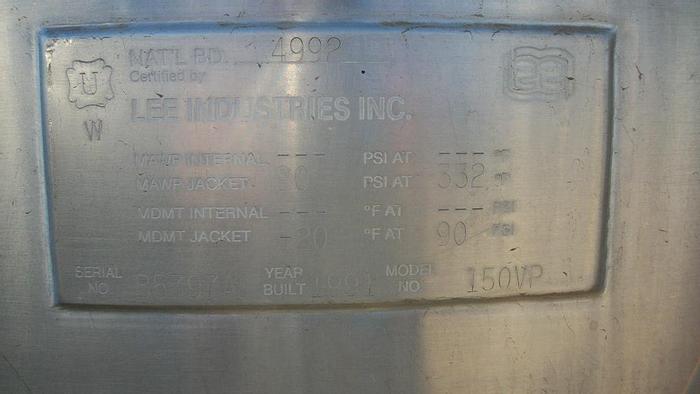 Used Kettle, 150 Gallon, 316 S/st, Jkt, Vacuum, Lee, Mdl 150VP #S740161