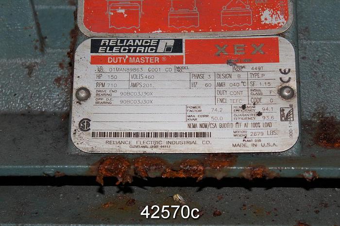 Used Toshiba/Reliance A/C Motor, 150 Hp, 710 Rpm, 449T Frame #42570
