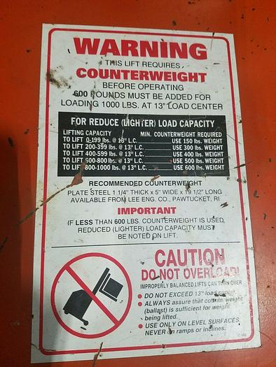 Used Lee Presto 1000 Lb Capacity Lift Truck with charger