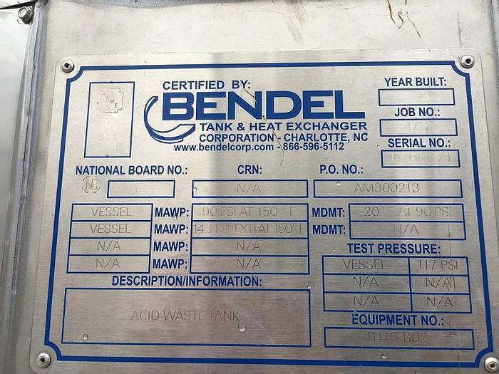 Used Bendel approximately 450 gallon vertical 304 stainless steel pressure tank