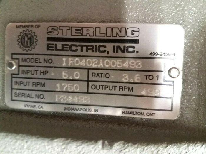 Used Sterling Electric 5 HP Gear Head Motor 498 RPM Gearhead Diary Pharmaceutical