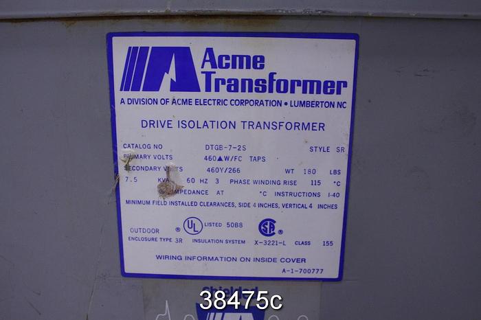 Used Acme Transformer DTGB-7-2S 7.5 Kva, 460 Volt Primary #38475