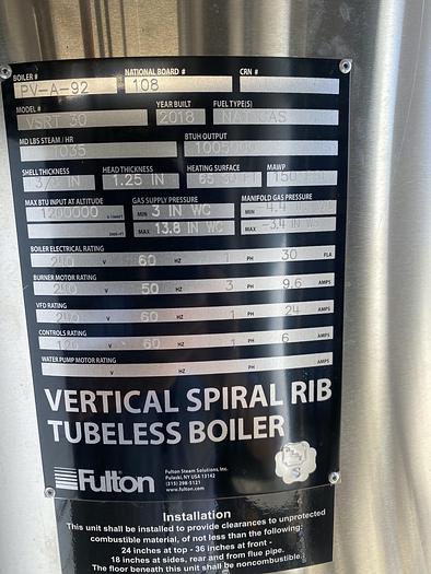 Used 2018 Fulton Boiler VSRT30 30 HP 150 PSI Steam Boiler