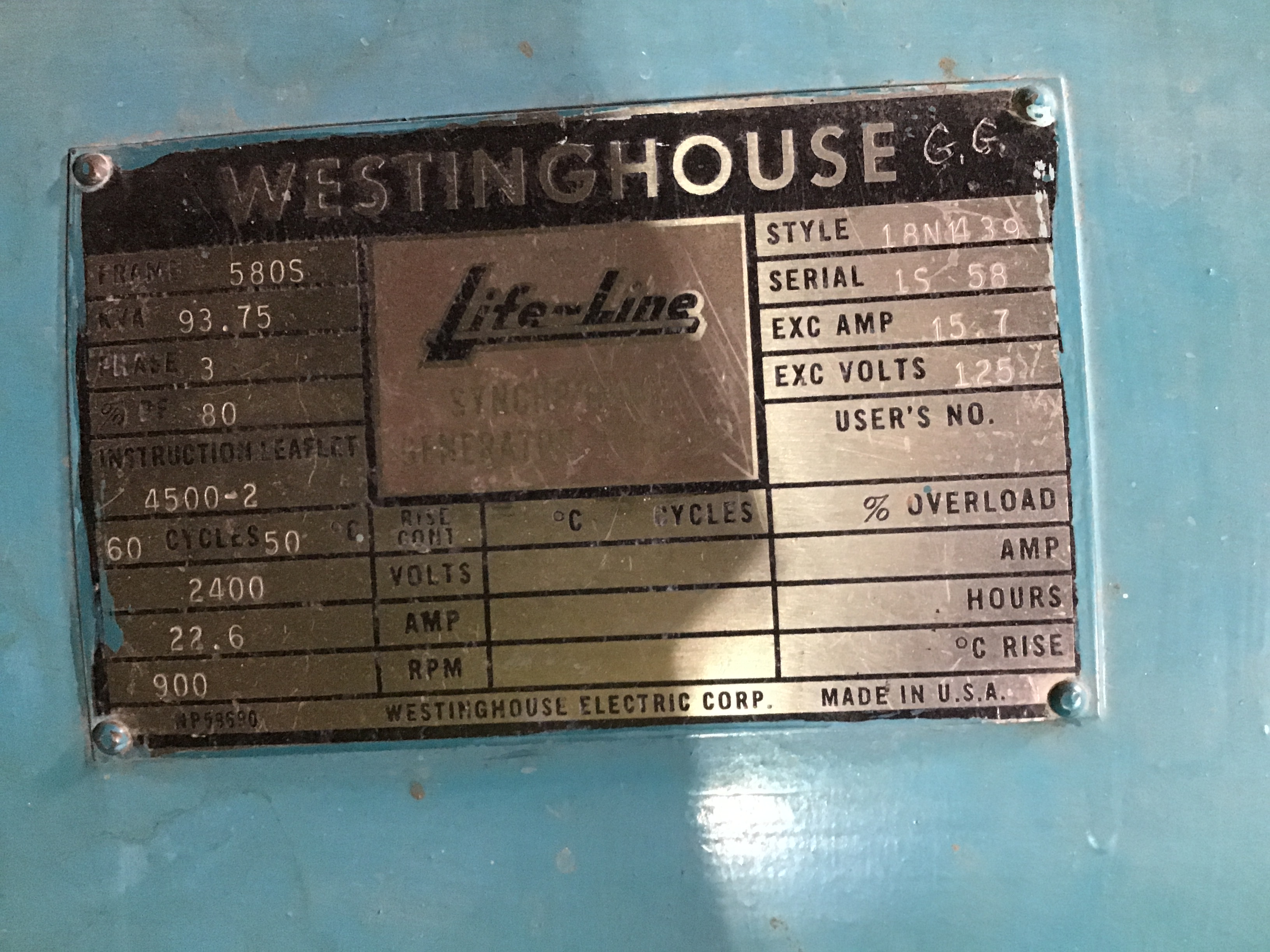 Used 98 KW Westinghouse Generator 900 RPM STOCK #4078