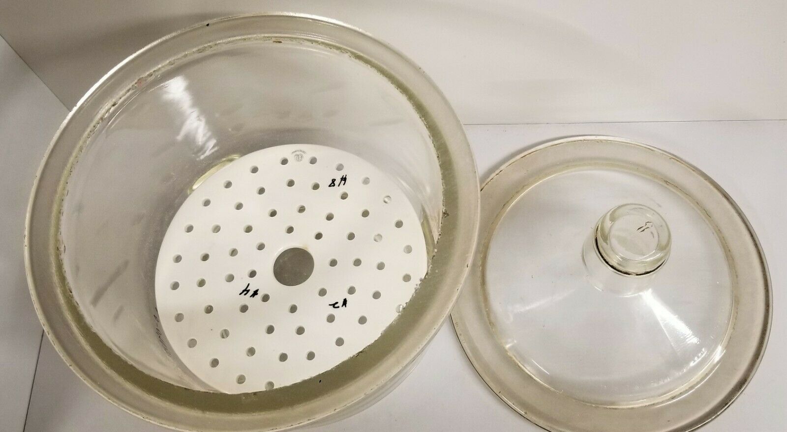 Used Corning PYREX 210mm ID Glass Desiccator with Coors Plate for Sale