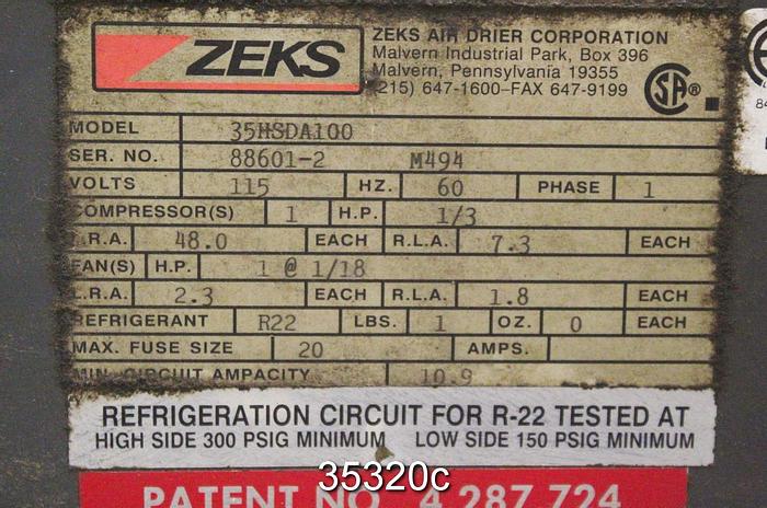 Used Zeks 35HSDA100 Heatsink Compressed Air Dryer #35320