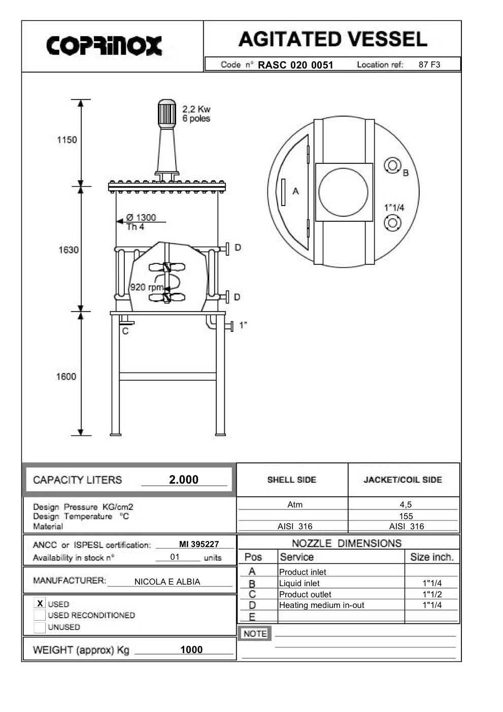 Usato Miscelatore liquidi NICOLA E ALBIA da 2000 Litri