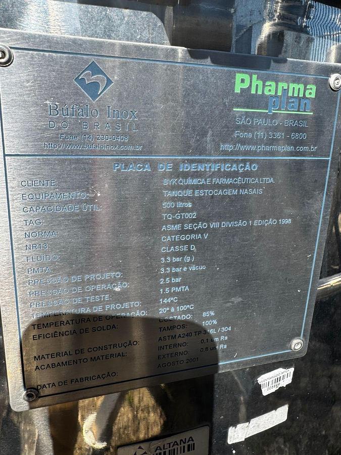 Usado Tanque em aço  inox  316 L, cap. 500 lts - Bufalo inox 