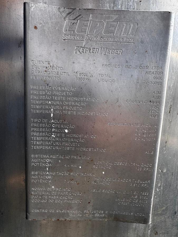 Usado Reator em inox com turbo , cap 800 Lts - WFA Equipamentos 