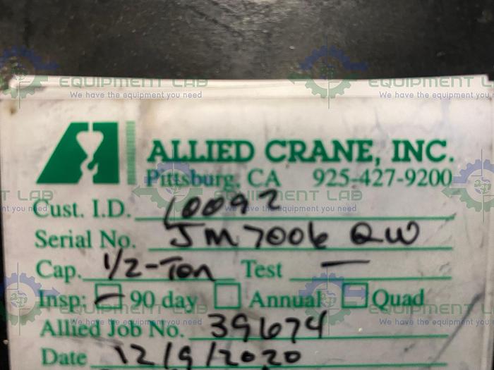 Used Vestil AHA-2-8-12 Aluminum Gantry Crane w/ Coffing JLC Hoist & CBTG Trolley