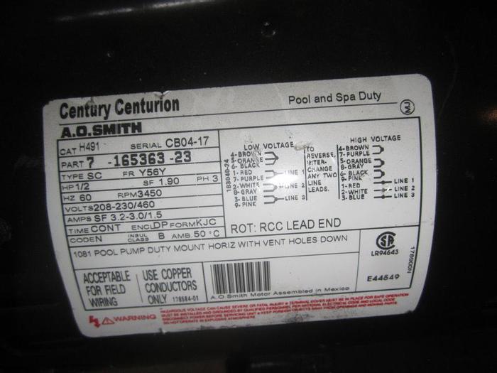 Used Pump, PVC, Centurion, Mdl A86B, 1-1/2" Inlet, 1/2 HP, Pool #S739955