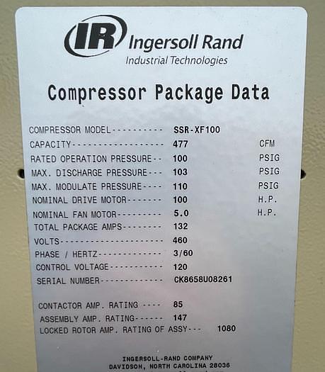 INGERSOLL RAND MODEL SSR-XF100 100HP AIR COMPRESSOR