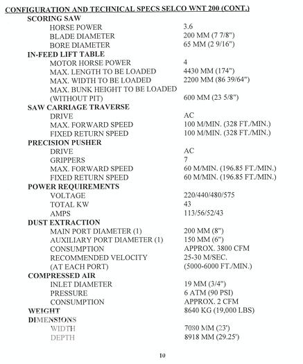 Used 1997 Selco WNT-200 Panel Saw