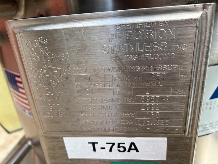 Used Tank, 30 Gallon, 316L Stainless Steel, FV, Cone Bottom, Precision Stainless #S744747
