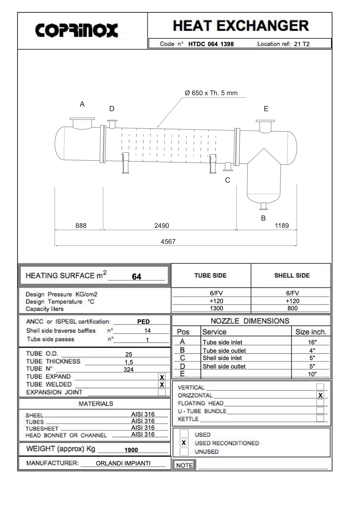 Used Scambiatore di calore a fascio tubeiro da 64 metri quadrati