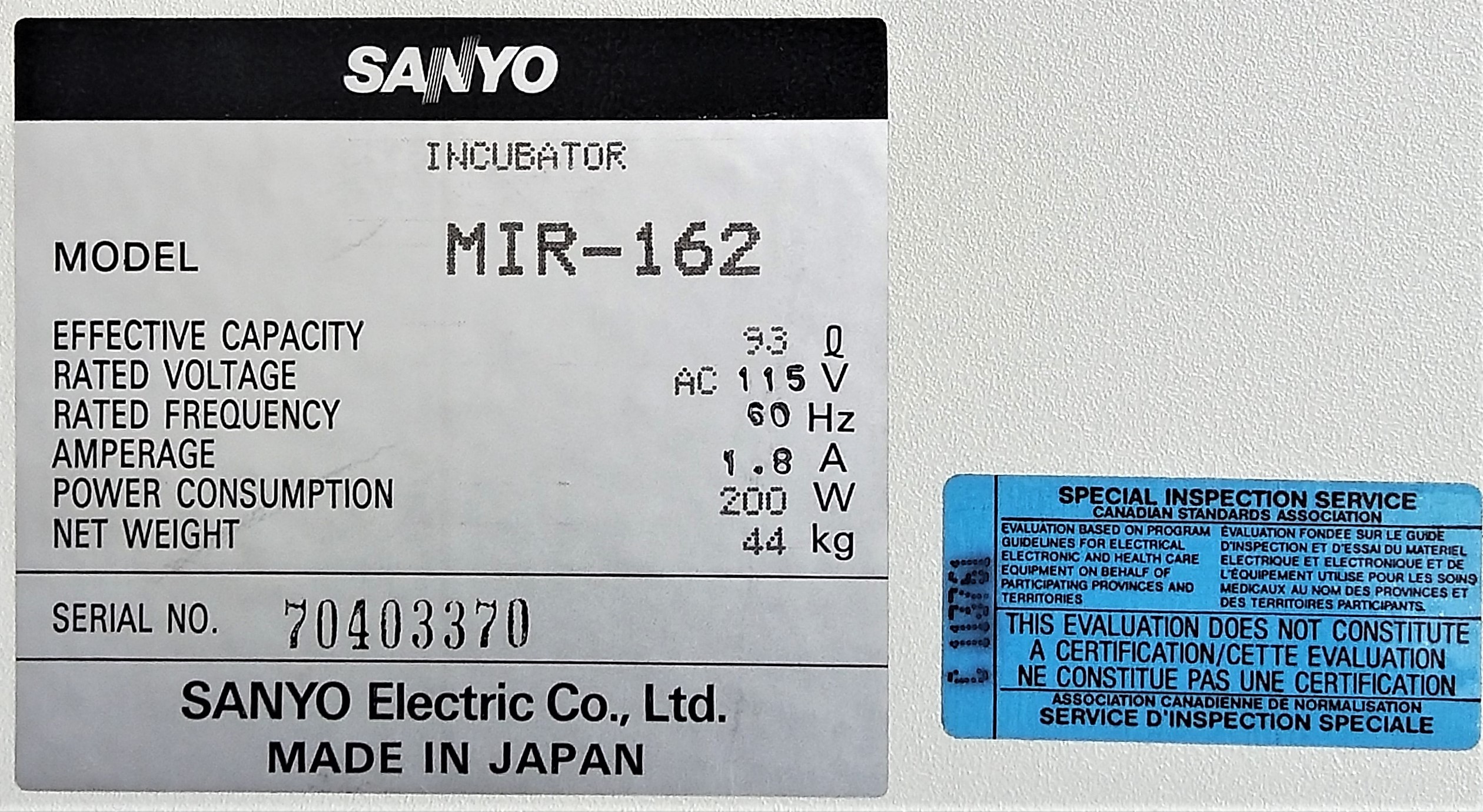 New open box Sanyo MIR-162 Air-Jacketed Incubator (3.3 Cu-Ft)
