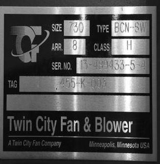 Used Twin City Size 730, BCN, Class L, CW ROT. UBD DISCH Blower, 45,769 CFM