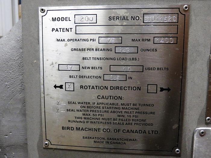 Used BIRD 200 OMNISCREEN 316 S/S NO MOTOR