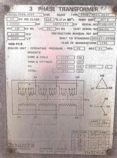 Used 1990 Carte 3Ph 750 kVA Transformer