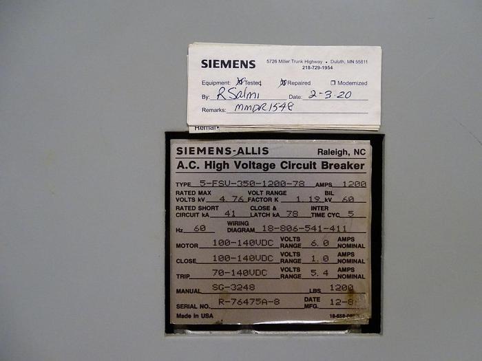 Used SIEMENS-ALLIS AC HIGH VOLTAGE CIRCUIT BREAKER 5-FSV-350-1200-78 FIVE AVAILABLE