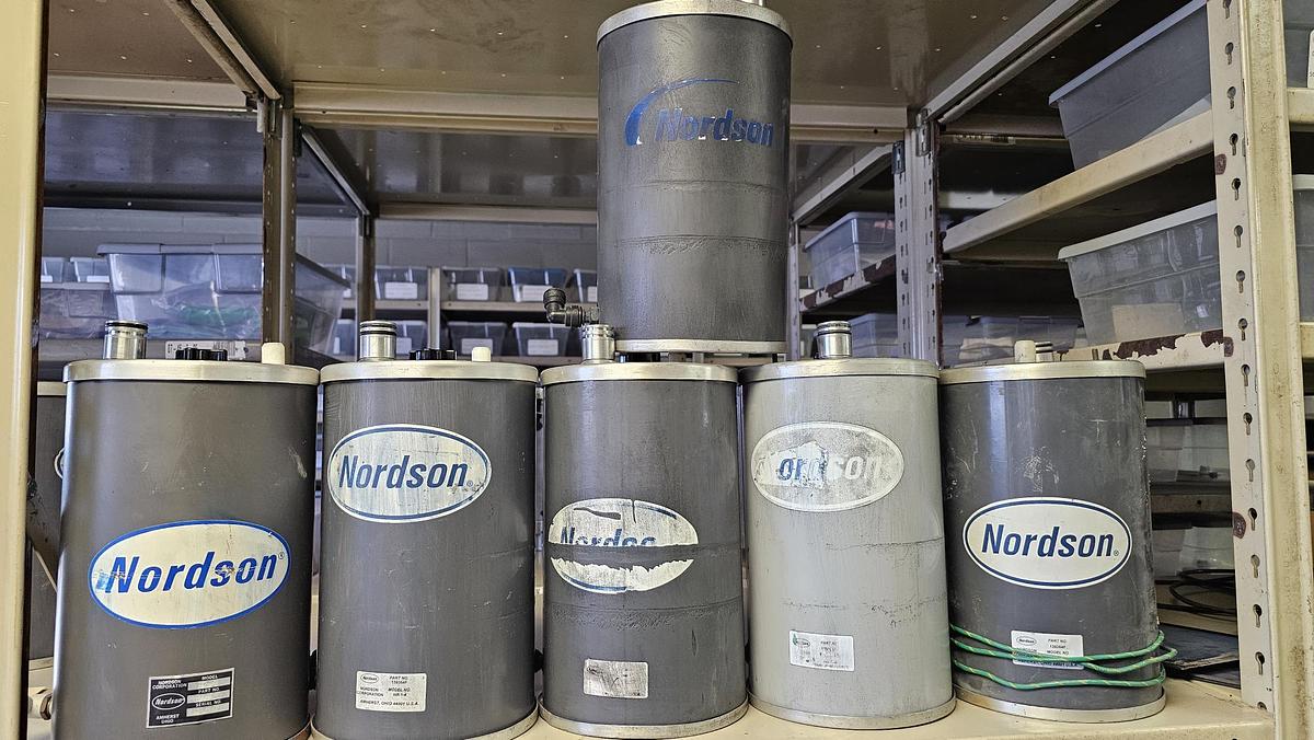 Used 6) Nordson 4# Hoppers