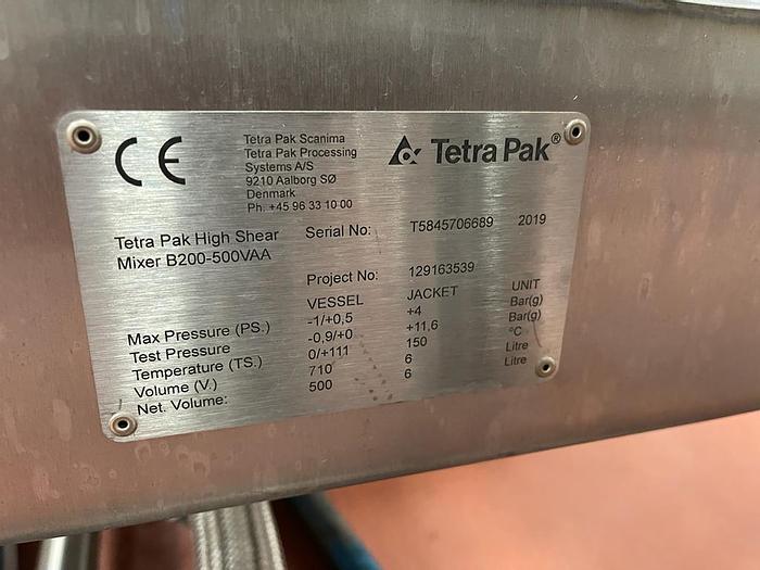 Used 2019 TETRA PAK HIGH SHEAR MIXER B200-500VAA