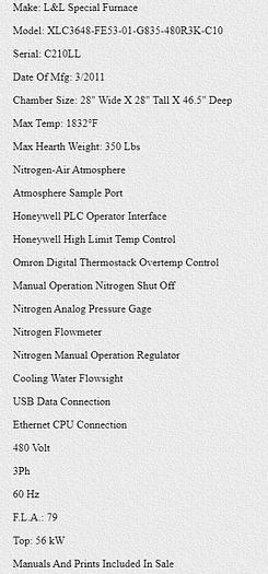 Used 28″ x 28″ x 46.5″ L & L SPECIAL FURNACE – 1832 DEG. F – ELECTRIC (#9681)