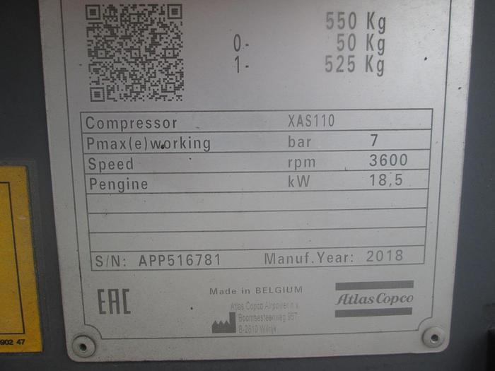 Used 2018 Atlas Copco Towable Air Compressor