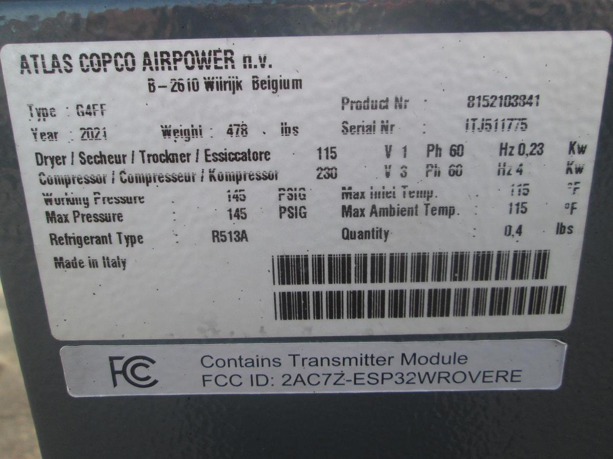 Used 2021 Atlas Copco G4FF Air Compressor with Dryer