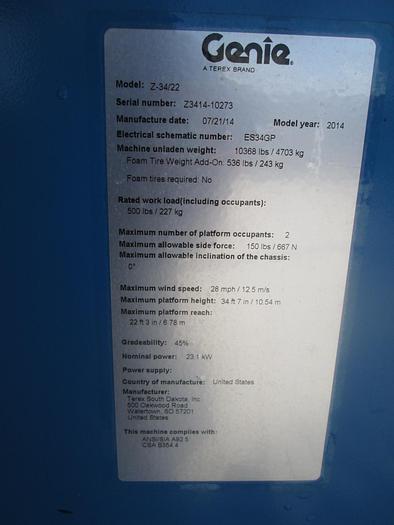 Used 2014 Genie Z 34/22 Articulated Boom Lift