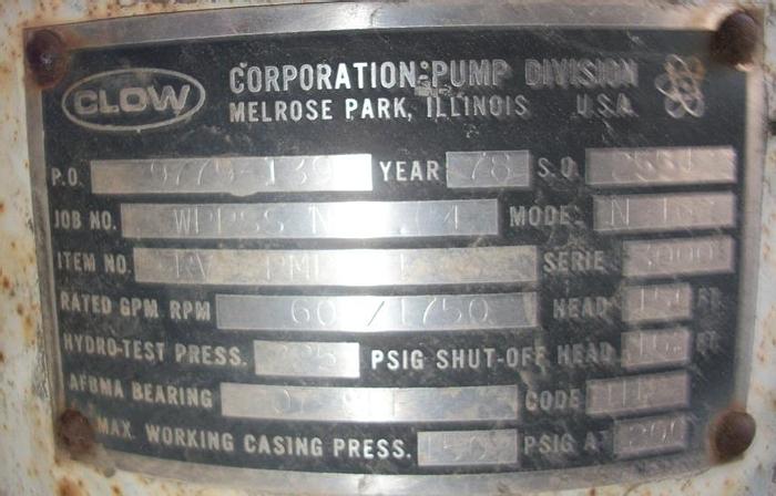 Used Pump, Sump, 10 HP, Clow, 316 S/st, 60 GPM, Mdl N-162 (4) #S741517