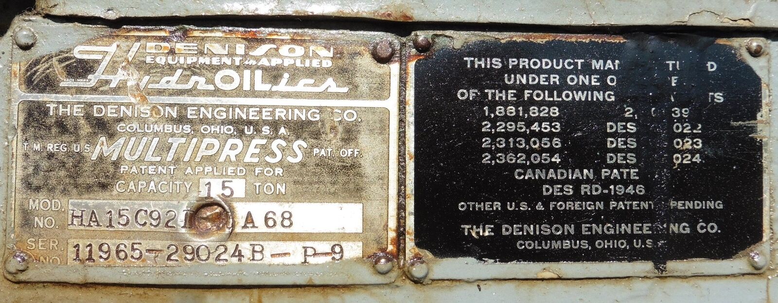 Used Denison Hydroilics 15 Ton Multipress HA15C92DA68 Hydraulic Press