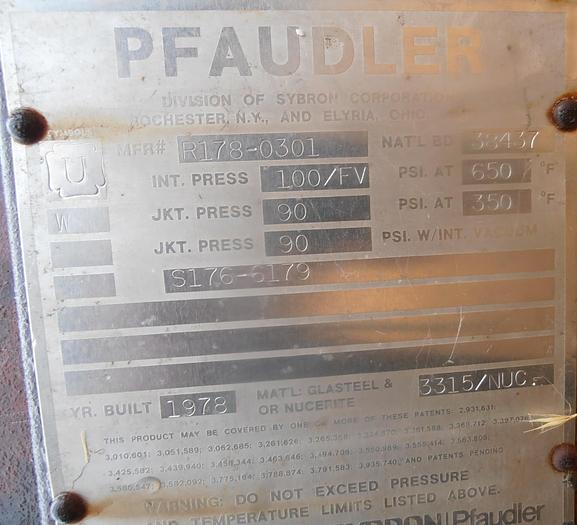 Used Reactor, 1,000 Gallon, G/L, 100 PSI, Jkt, Agit, Pfaudler, #C636125