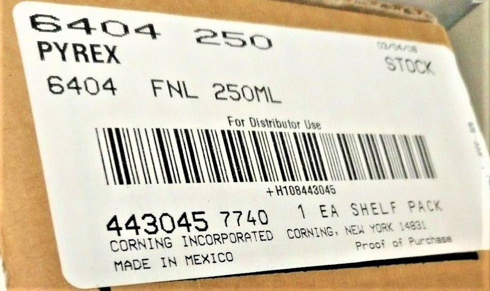 New Open Box Corning PYREX 6404-250 Separatory Funnel - 250mL