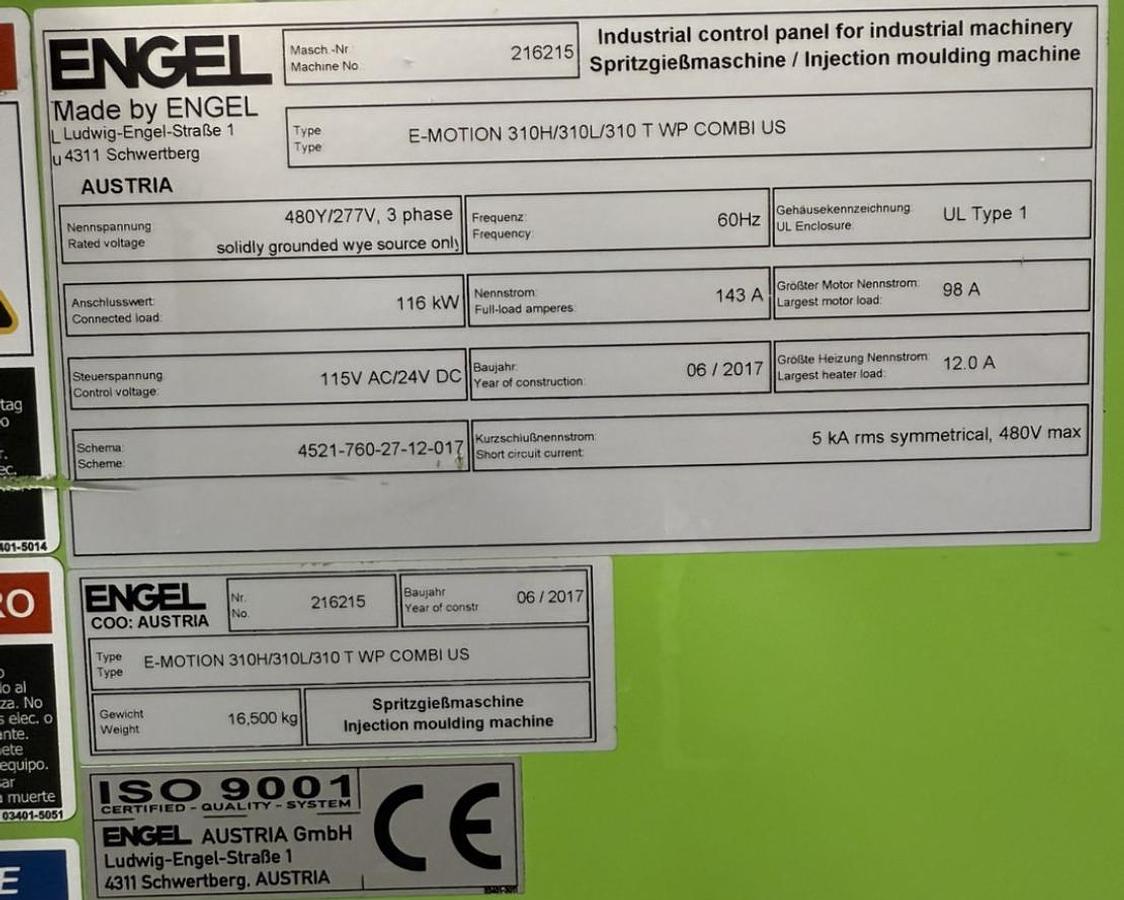 Used 281 Ton Engel E-Motion 310H-310L 2-Shot Rotary Platen Injection Molding Machine (2017)