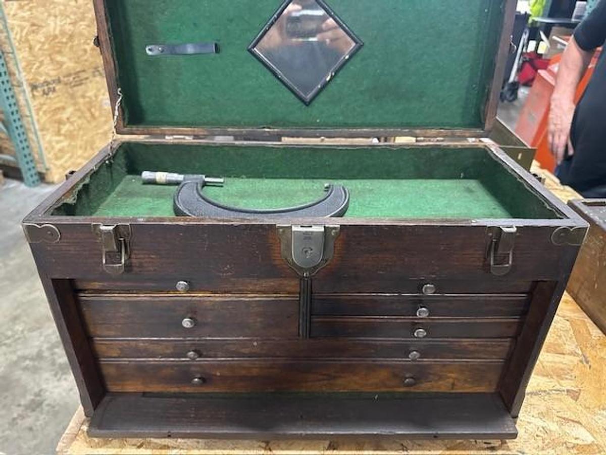 Used Machinist Tool Box Wooden toolbox with contents