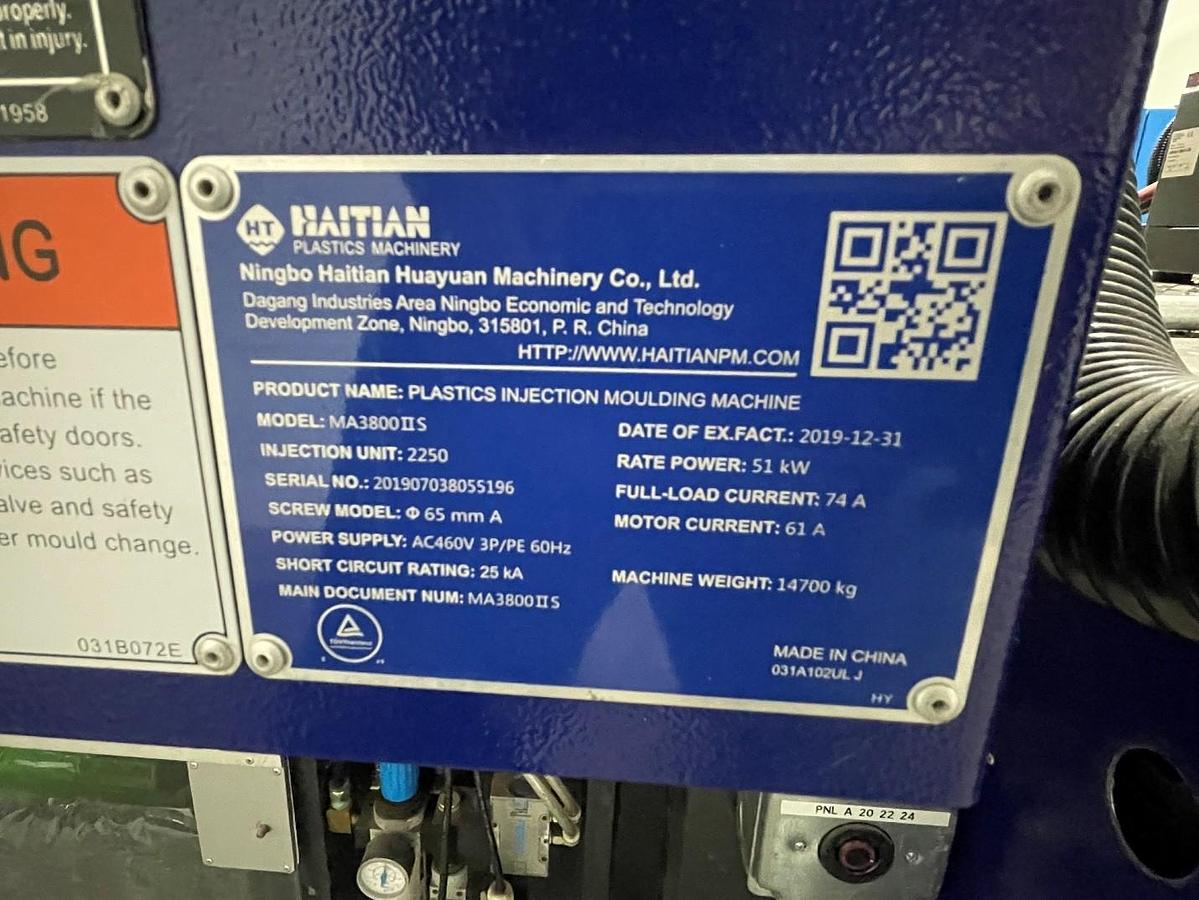 Used 427 Ton, 65.17 oz Haitian MA 3800/2250 Series II S Injection Molding Machine (2019)