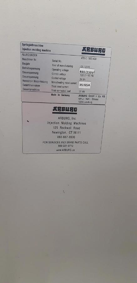 Used 165 Ton, 6.49 oz. Arburg 470C Injection Molding Machine (2013)